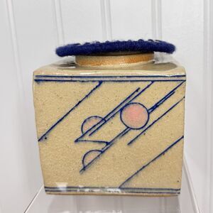 Vintage Group Works Pottery Square Blue Gray Lid Ginger Jar Tea 1970 Natalie